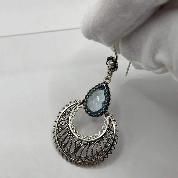 Hand Crafted Sterling Silver Blue Topaz Gemstone Earrings Pierced - Picture 8 of 12